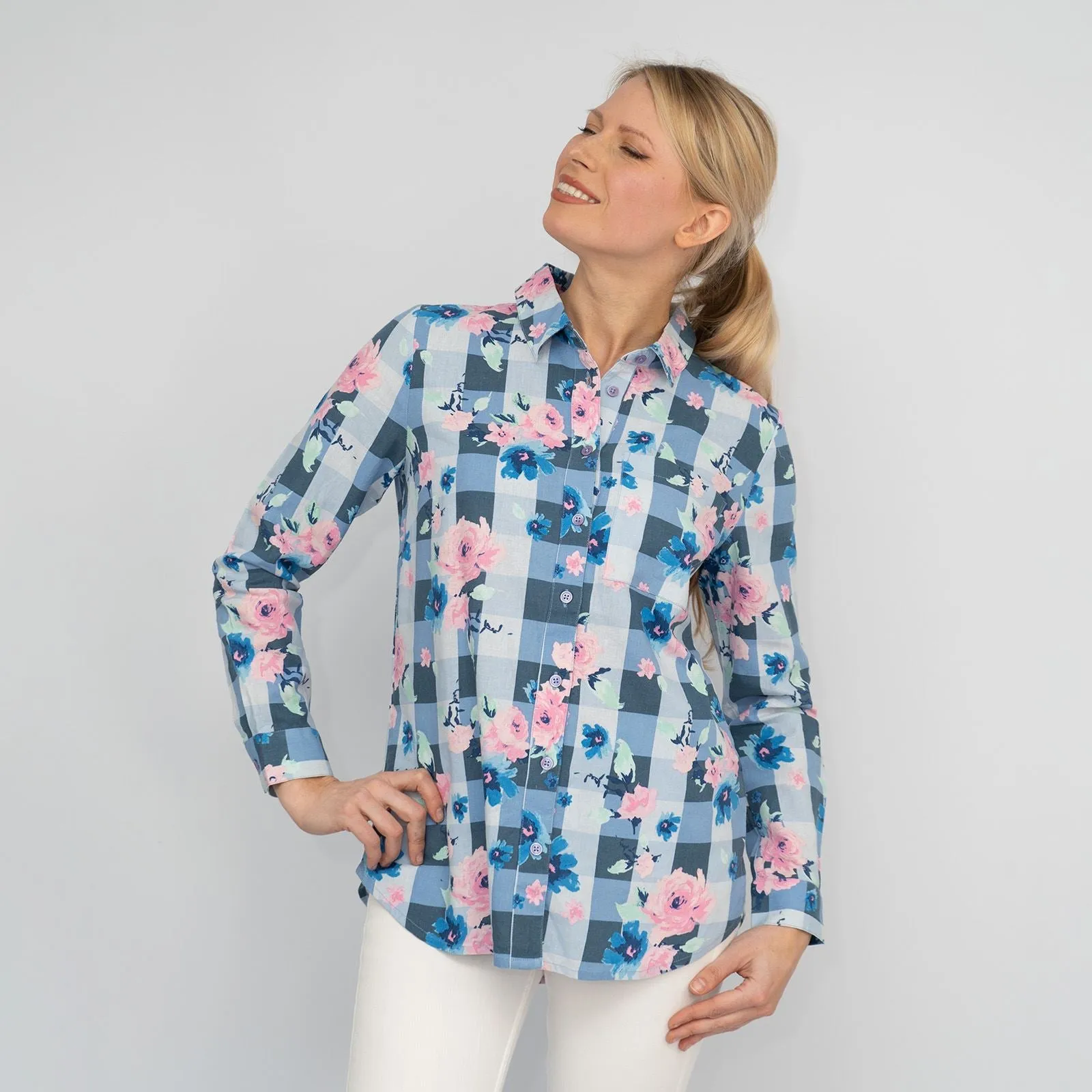 Womens Blue Floral Check Shirt Long Sleeve