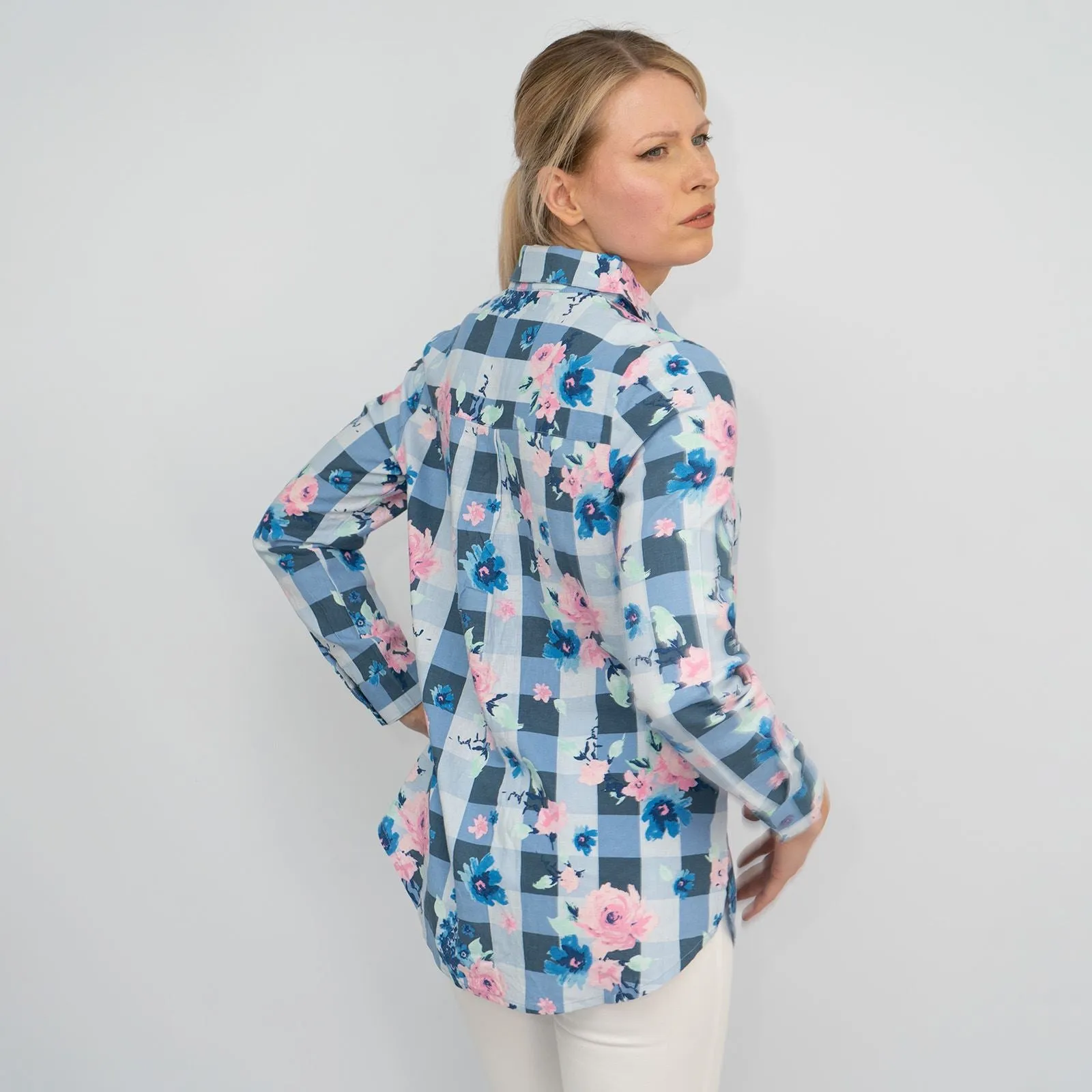 Womens Blue Floral Check Shirt Long Sleeve