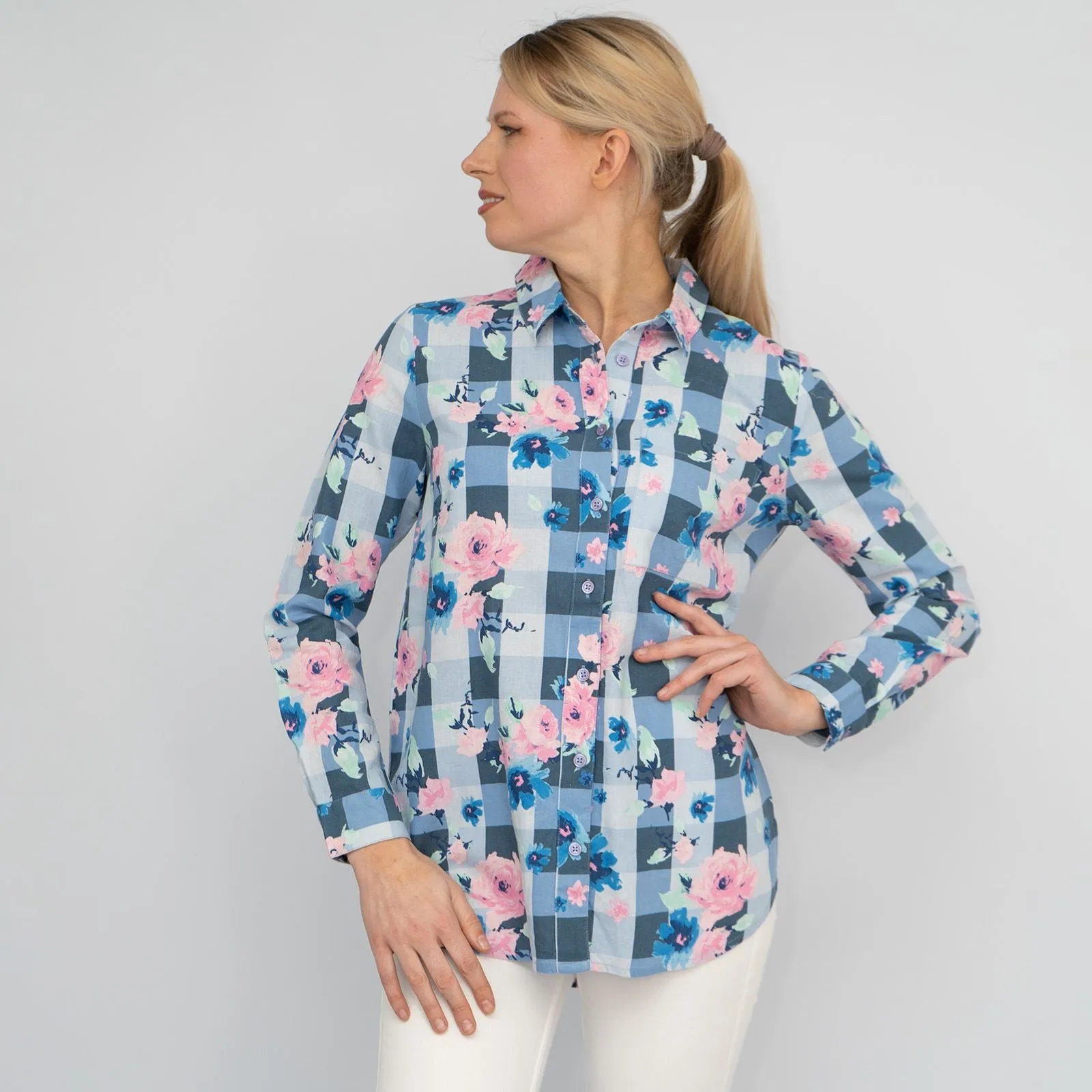 Womens Blue Floral Check Shirt Long Sleeve