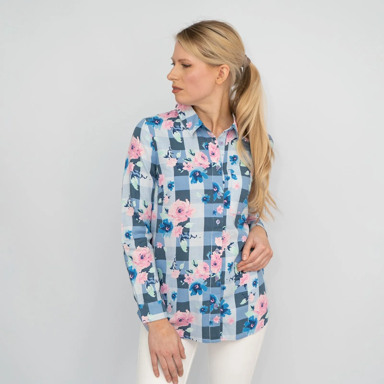 Womens Blue Floral Check Shirt Long Sleeve