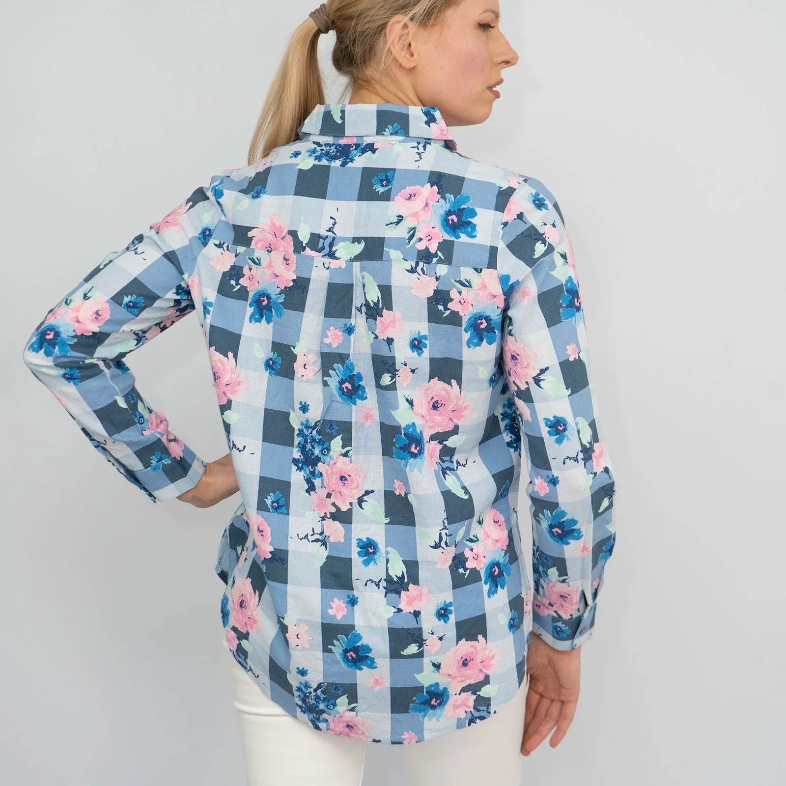 Womens Blue Floral Check Shirt Long Sleeve