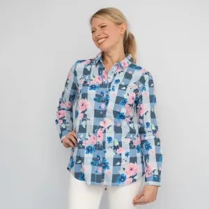 Womens Blue Floral Check Shirt Long Sleeve