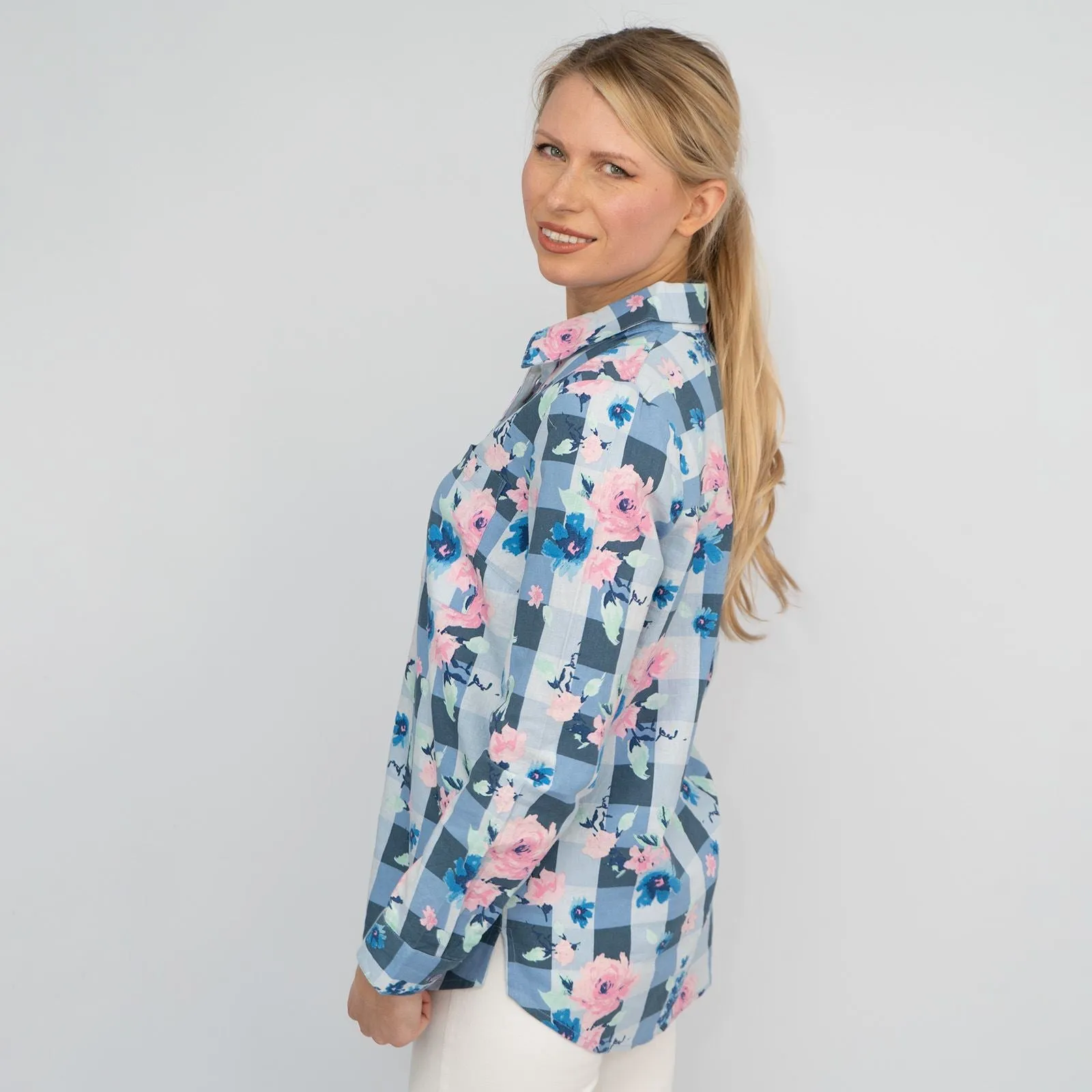 Womens Blue Floral Check Shirt Long Sleeve