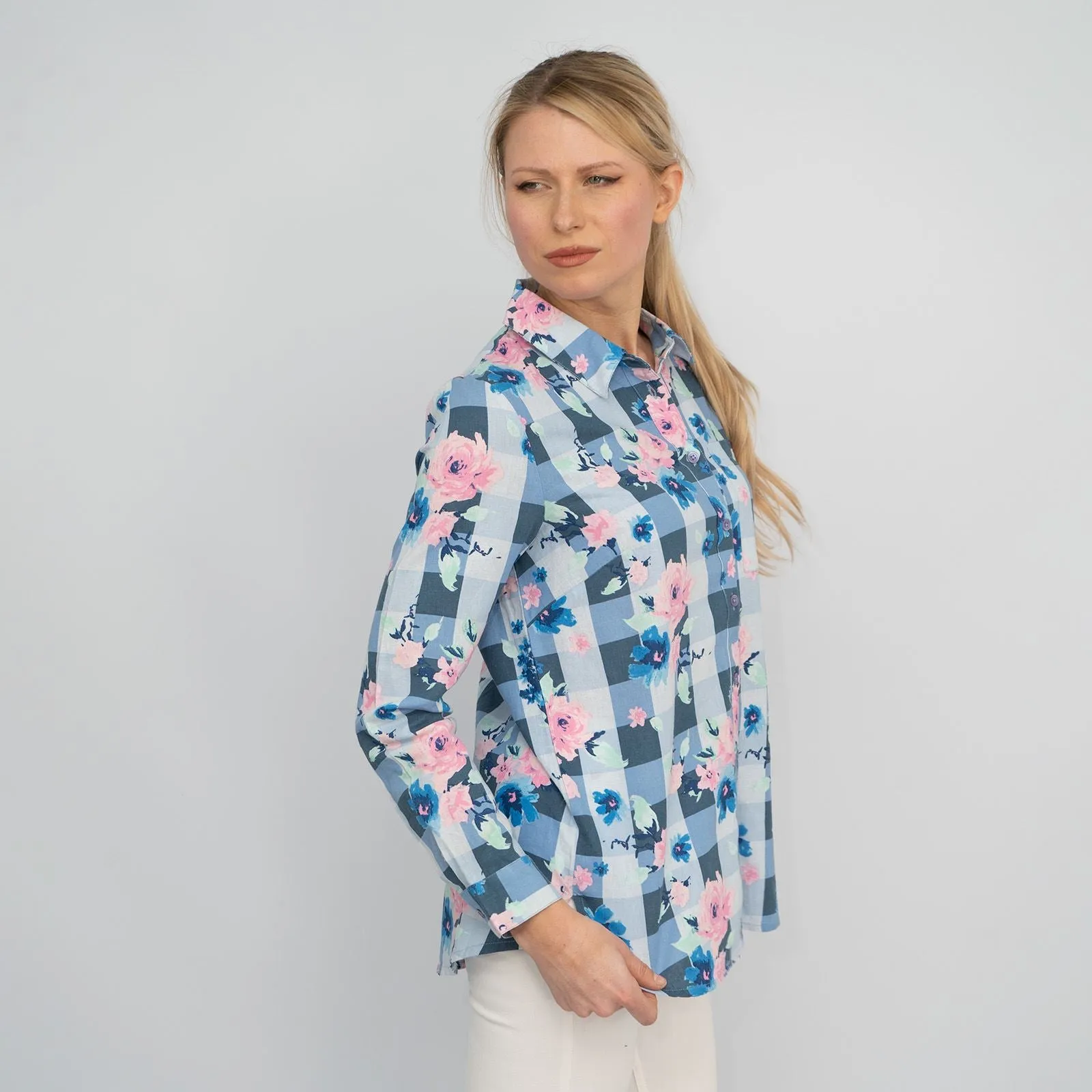 Womens Blue Floral Check Shirt Long Sleeve