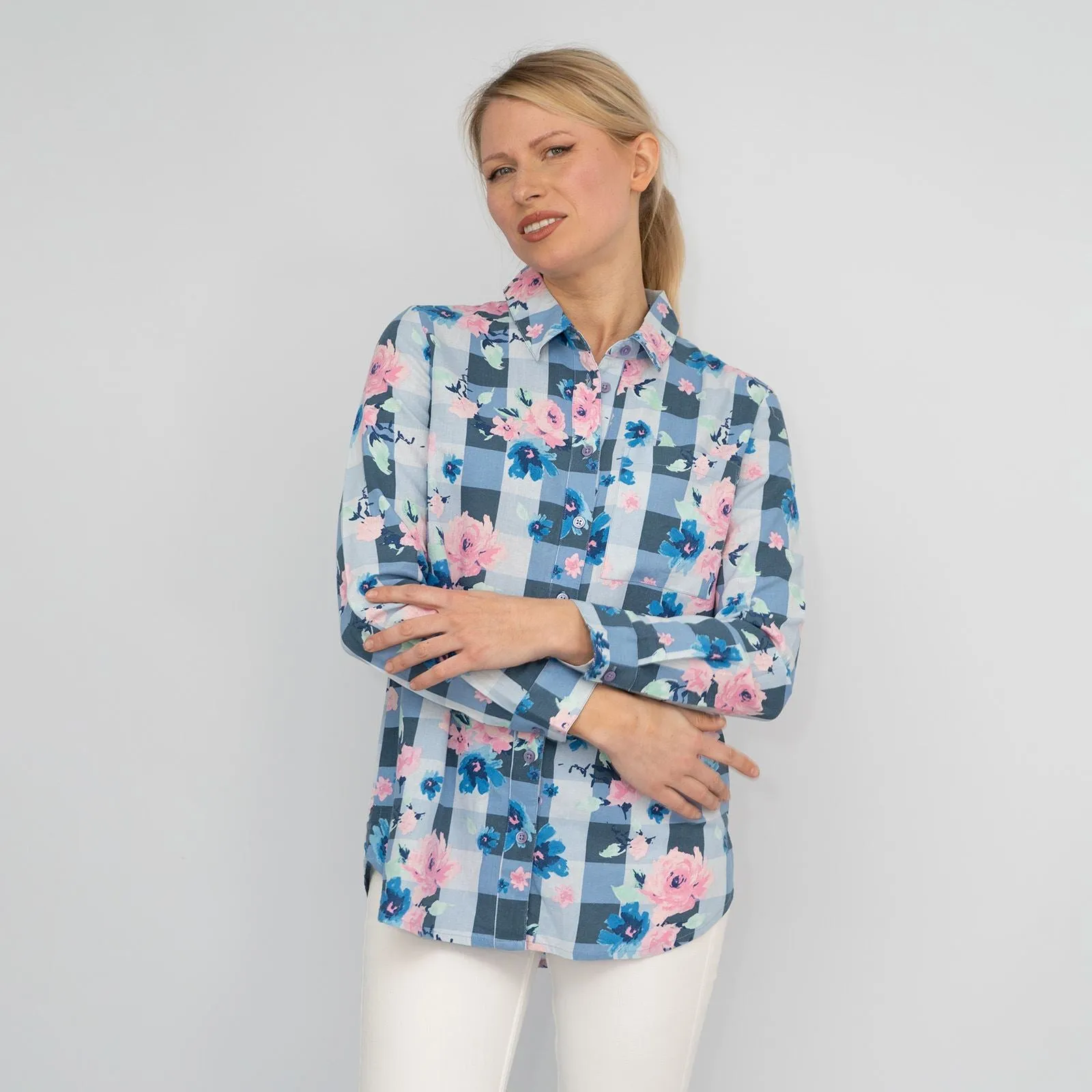 Womens Blue Floral Check Shirt Long Sleeve
