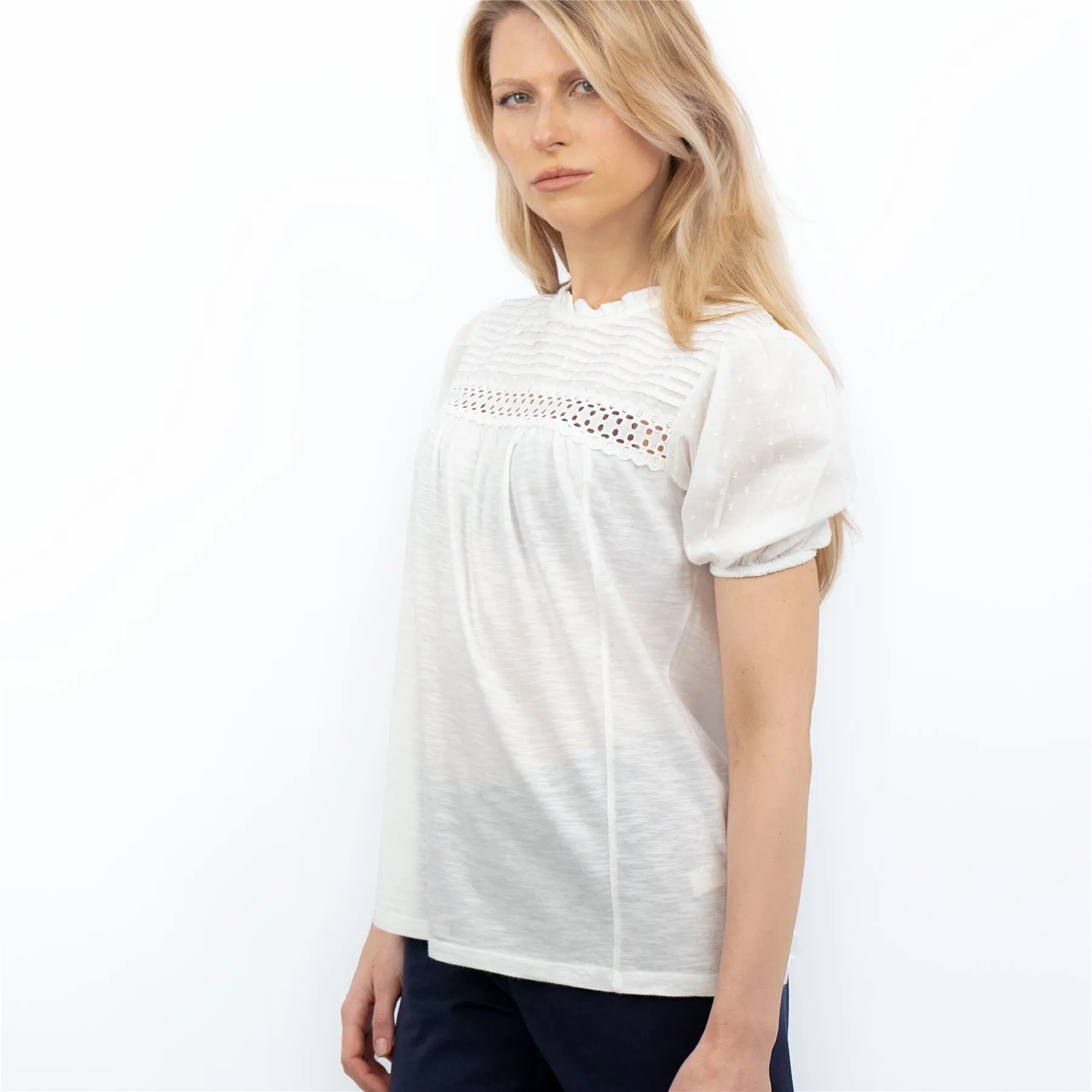 Womens White Short Sleeve Pleated Top