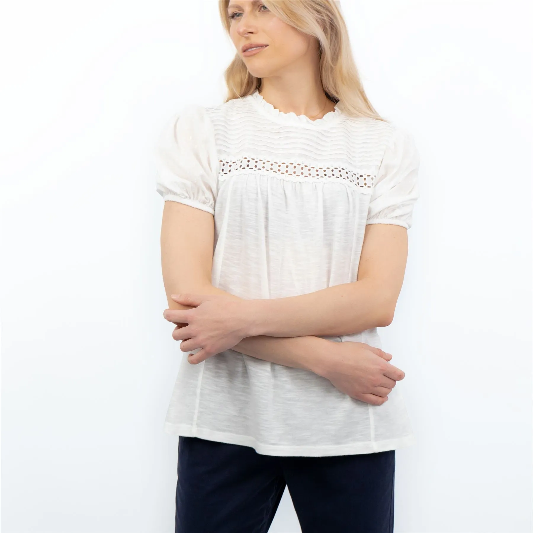 Womens White Short Sleeve Pleated Top